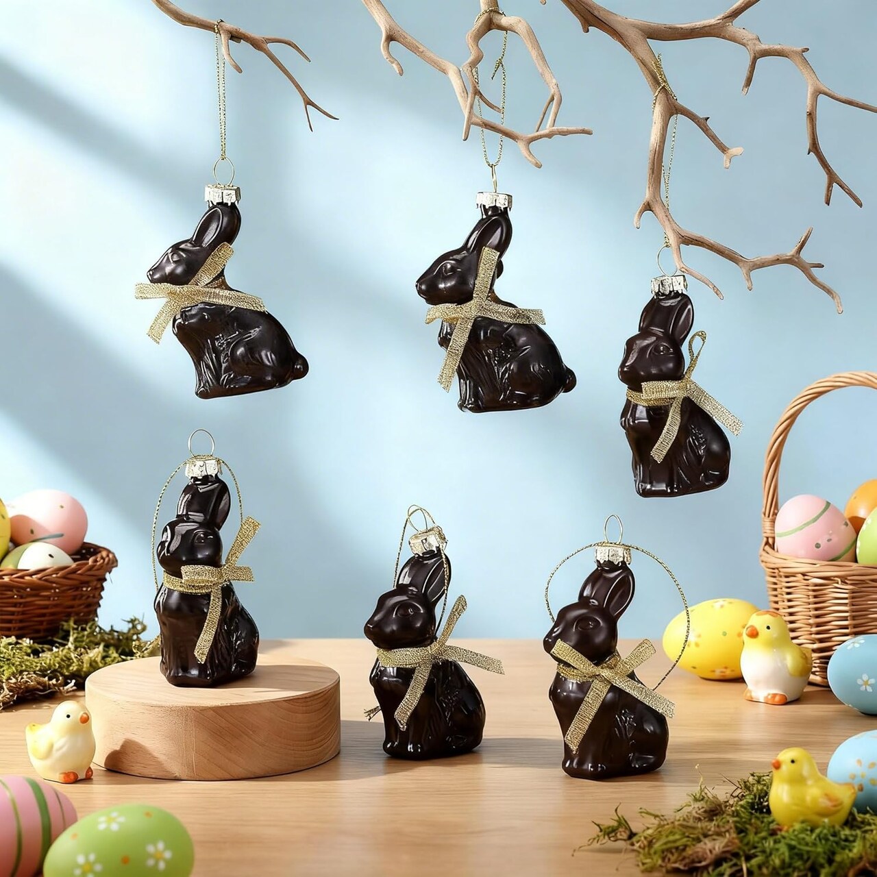 6 Pcs Chocolate Bunny Ornament Glass Brown Easter Bunny Rabbit Hanging Decoration for Easter Trees Party Decoration